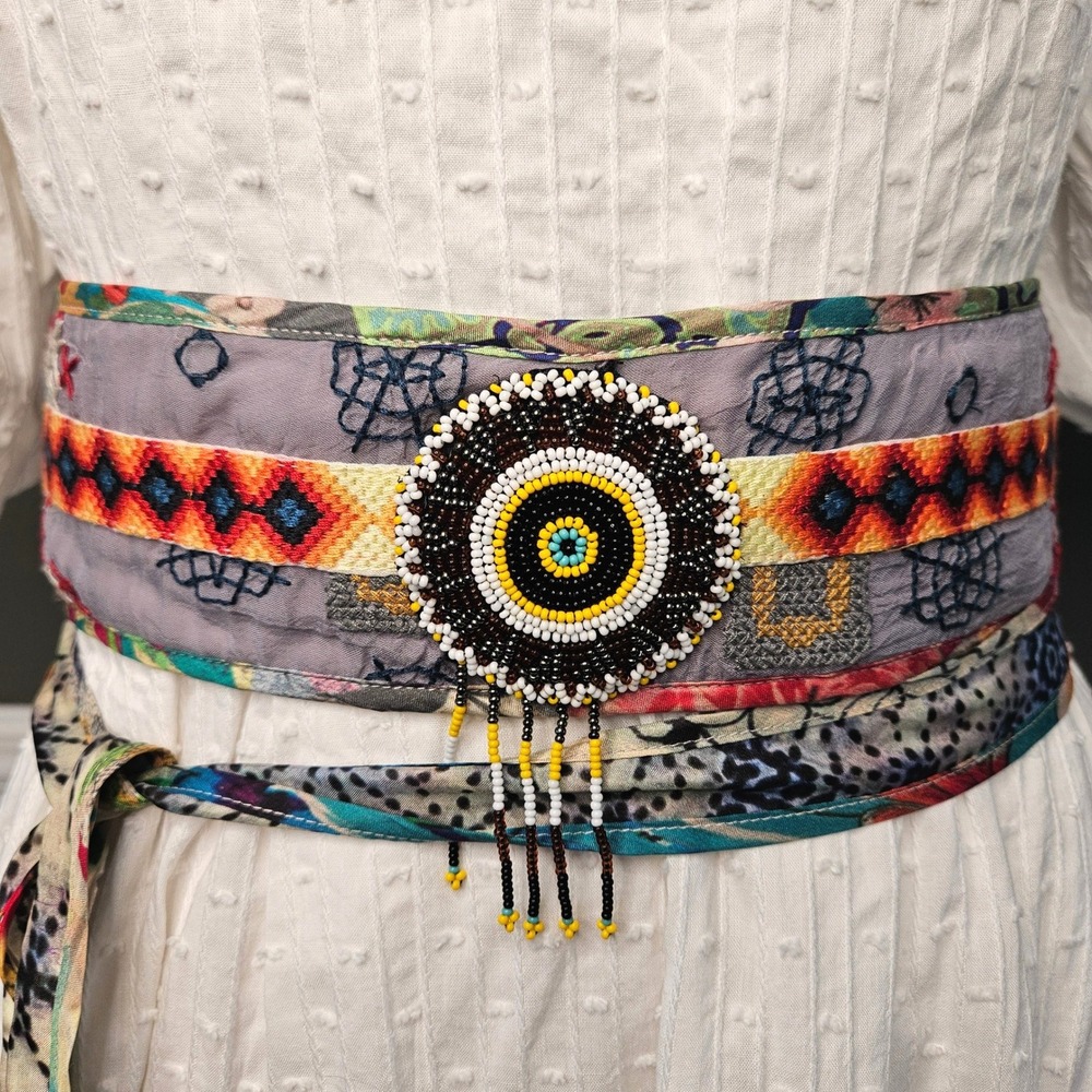Johnny Was Boho Beaded Obi Belt Embroidered Medallion Cupra Festive NWOT - Picture 2 of 9